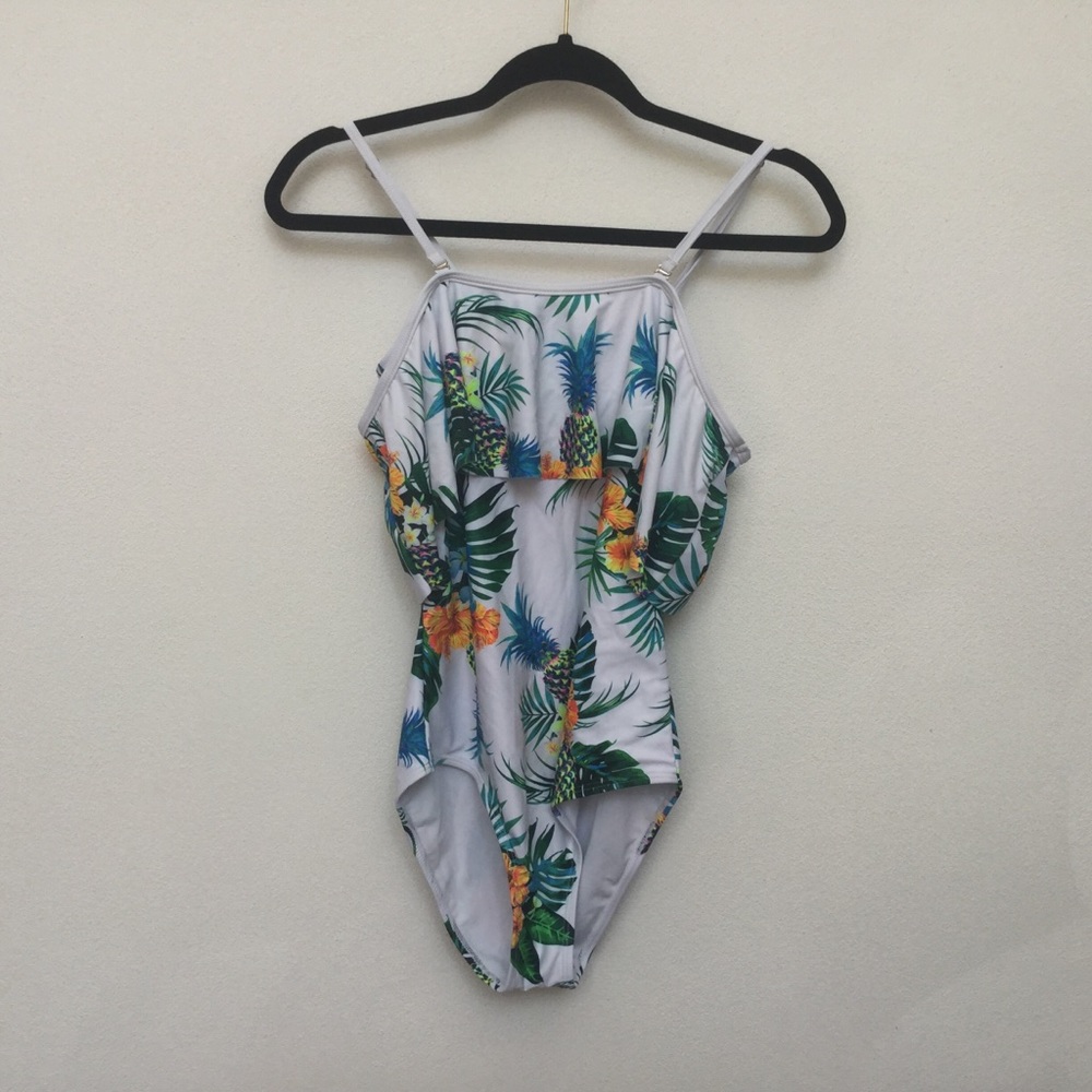White Palm Floral Pineapple Off-Shoulder Ruffle One-Piece Swimsuit Size XS Pool